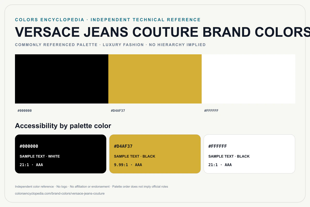 Versace Jeans Couture brand colors infographic showing its commonly referenced HEX palette and accessibility guidance for every listed color without assigning a color hierarchy.