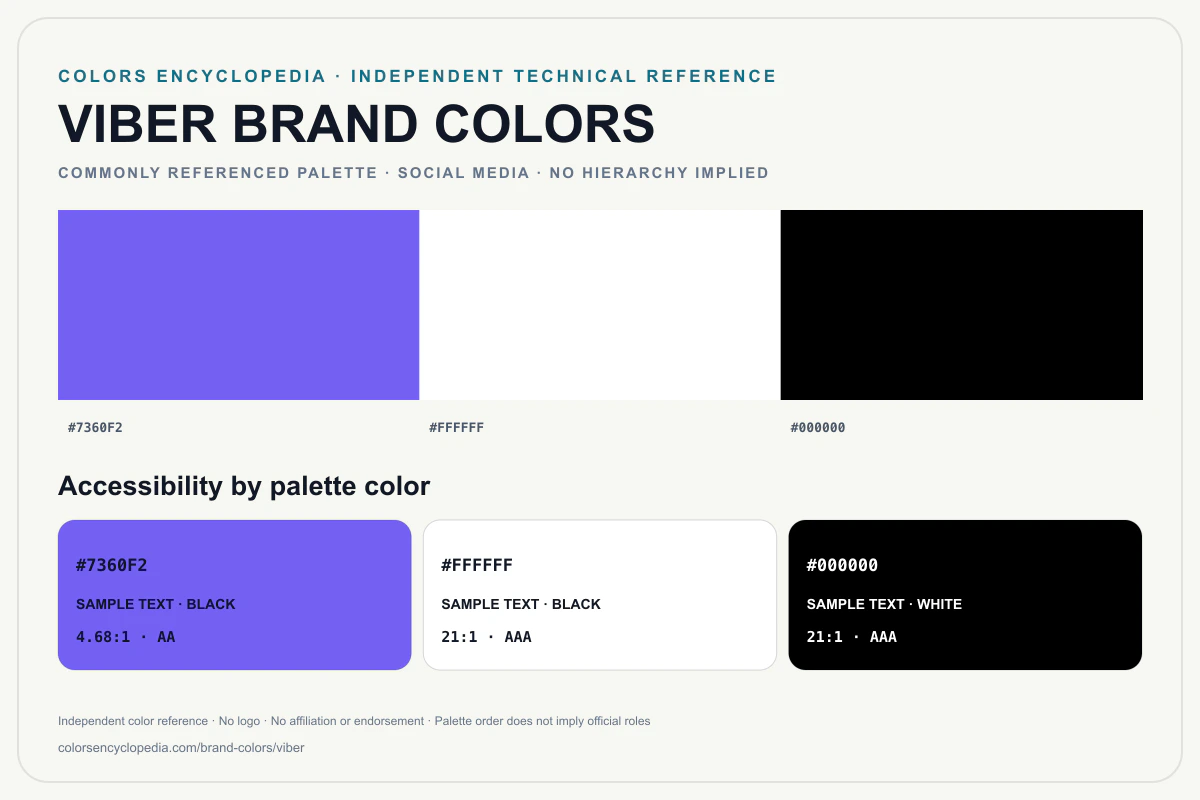 Viber brand colors infographic showing its commonly referenced HEX palette and accessibility guidance for every listed color without assigning a color hierarchy.