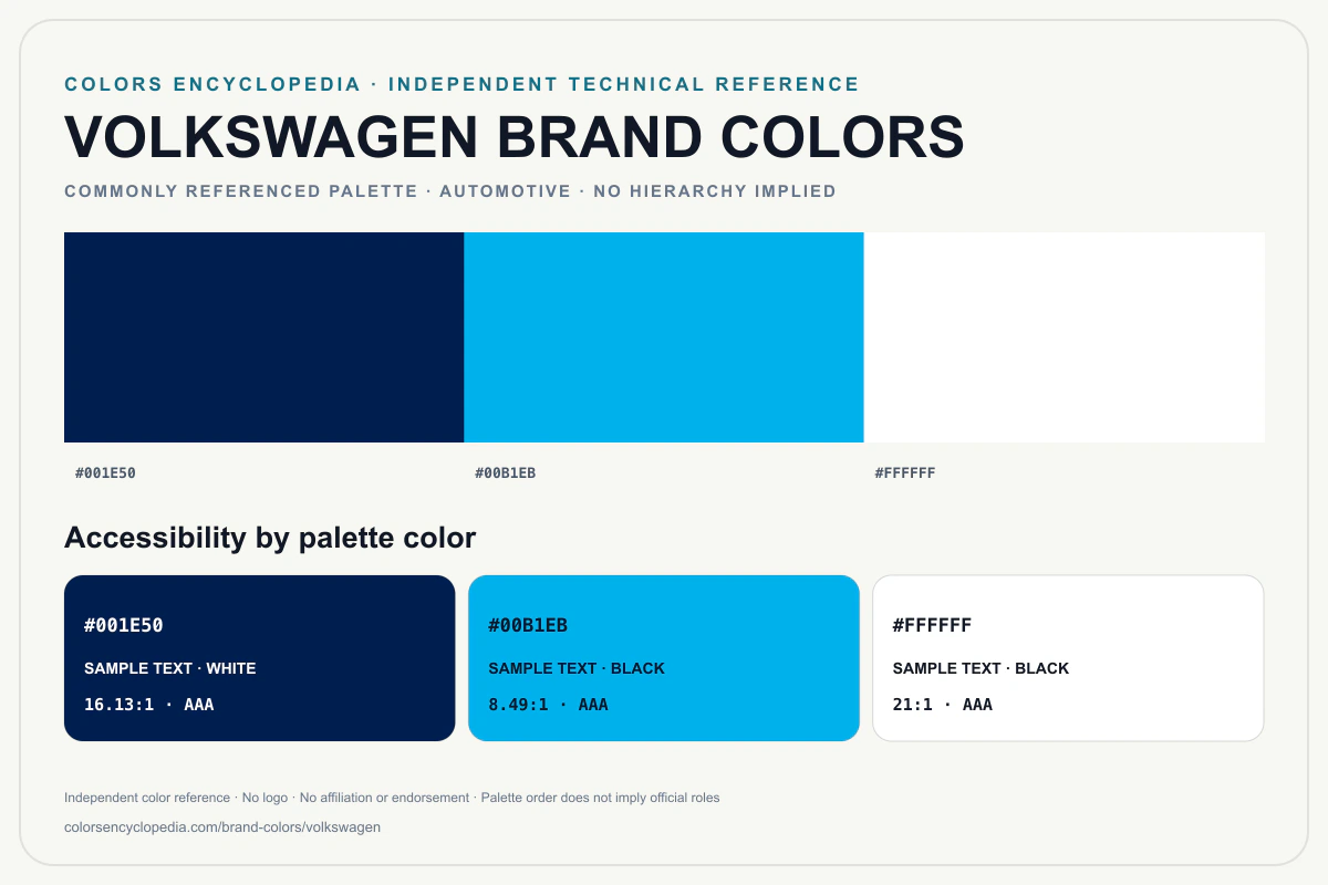Volkswagen brand colors infographic showing its commonly referenced HEX palette and accessibility guidance for every listed color without assigning a color hierarchy.