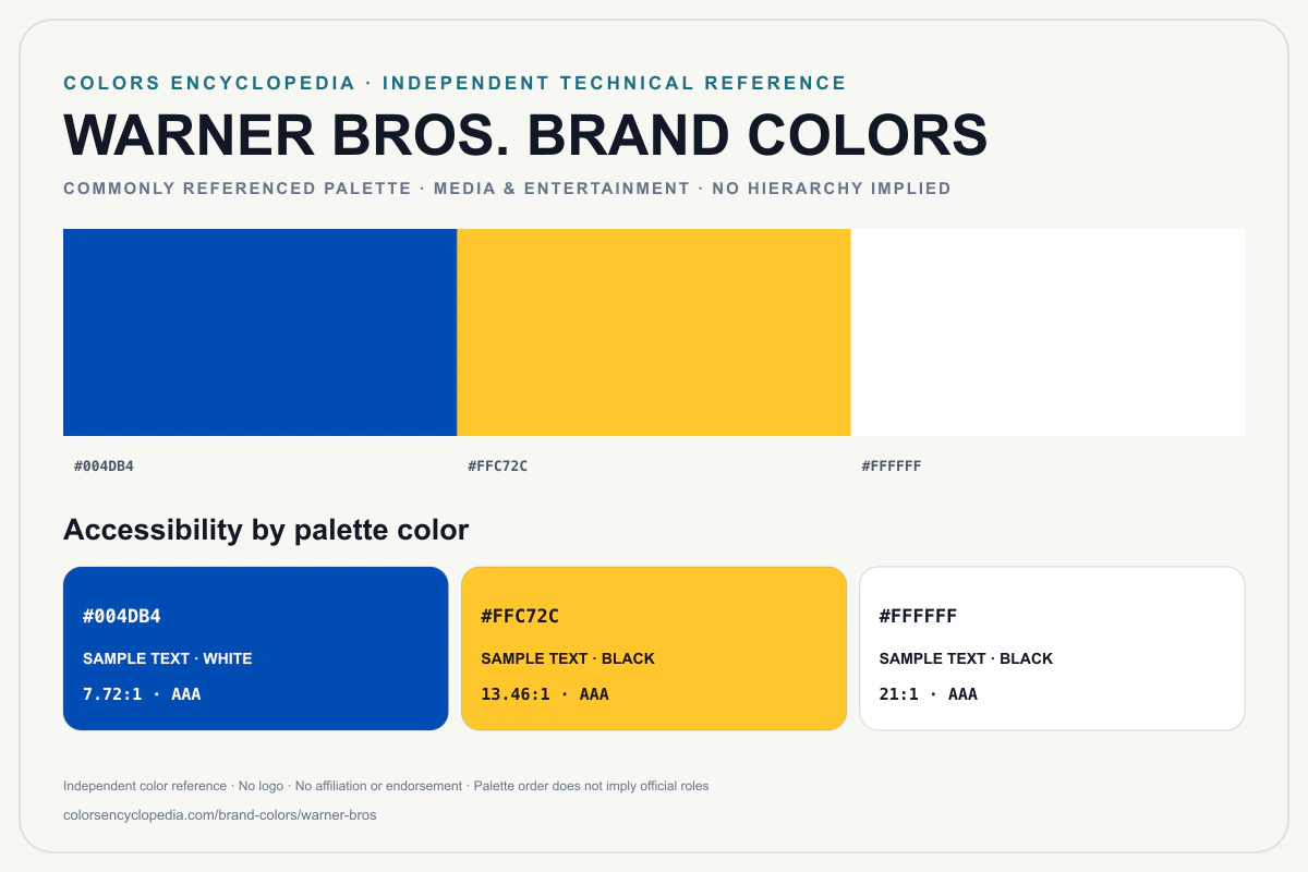 Warner Bros. brand colors infographic showing its commonly referenced HEX palette and accessibility guidance for every listed color without assigning a color hierarchy.