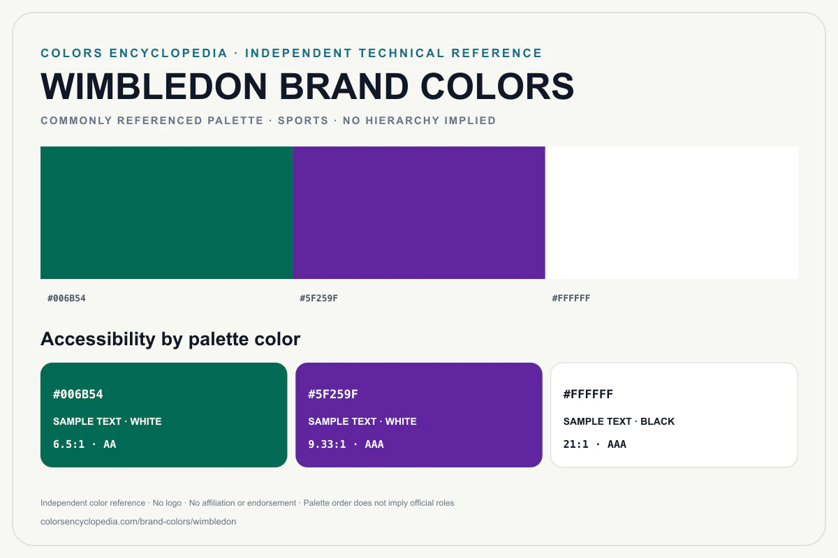 Wimbledon brand colors infographic showing its commonly referenced HEX palette and accessibility guidance for every listed color without assigning a color hierarchy.