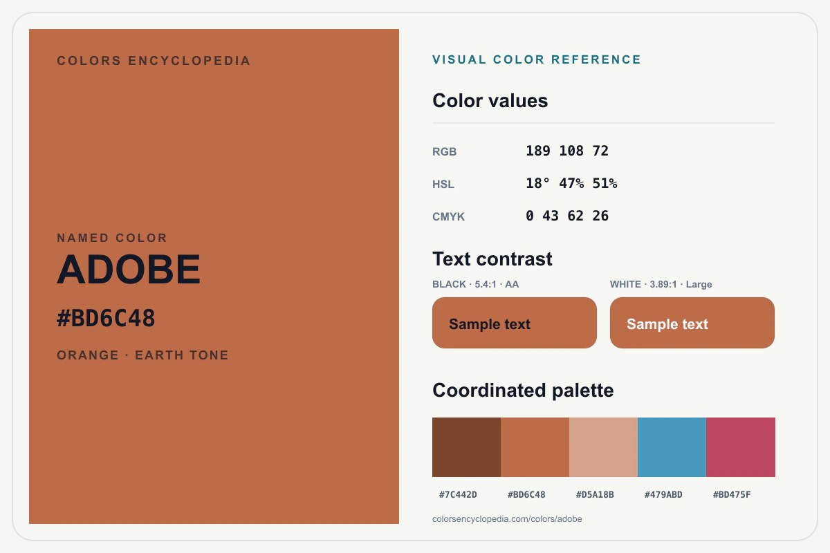 Adobe color reference infographic showing #BD6C48, RGB and HSL values, a coordinated palette, and black and white text contrast.