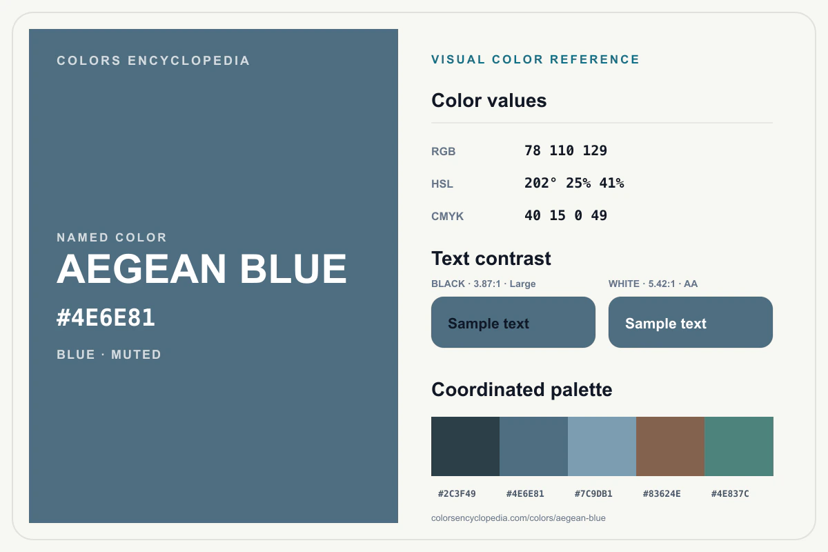 Aegean Blue color reference infographic showing #4E6E81, RGB and HSL values, a coordinated palette, and black and white text contrast.