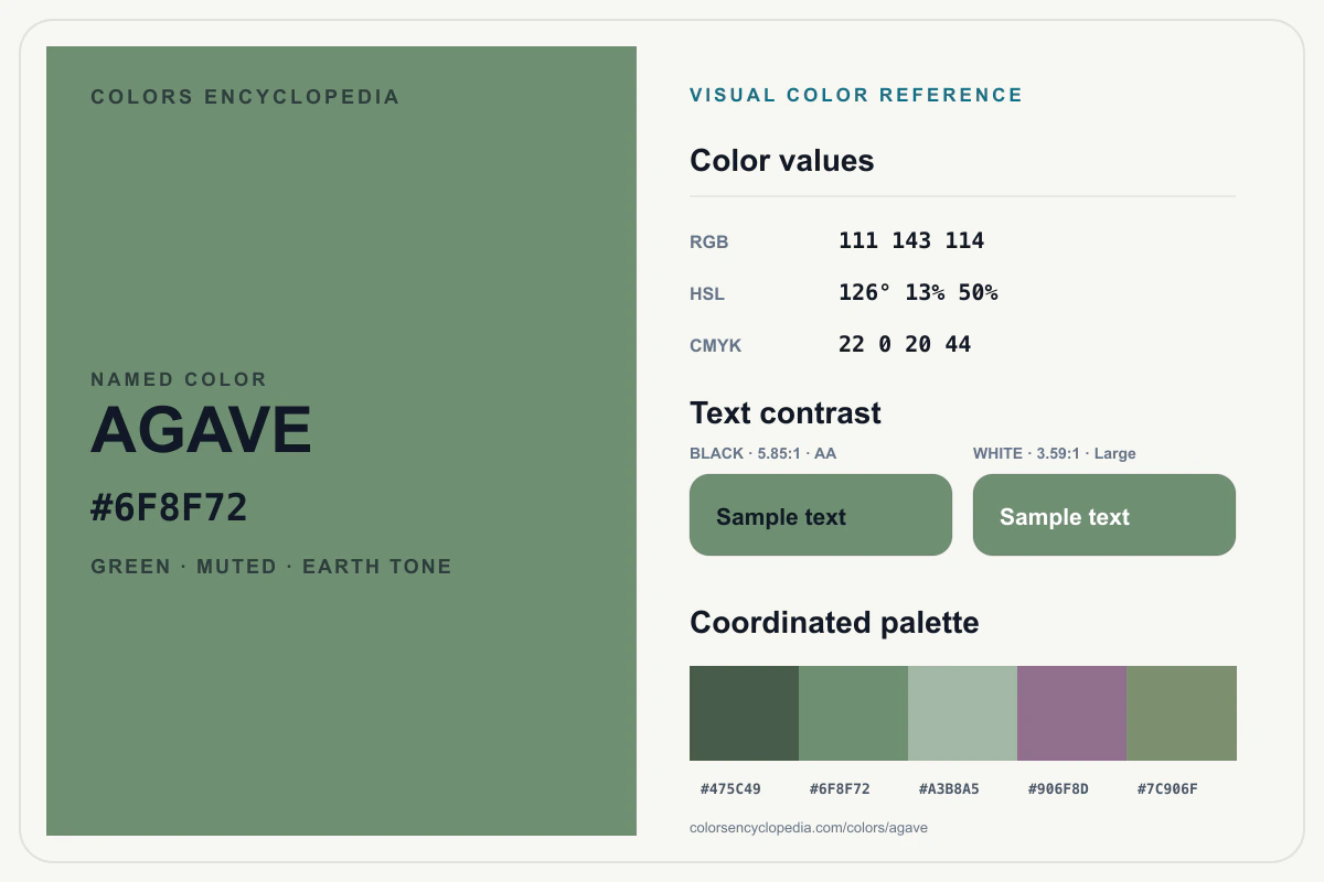 Agave color reference infographic showing #6F8F72, RGB and HSL values, a coordinated palette, and black and white text contrast.