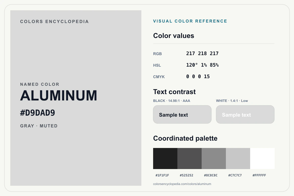 Aluminum color reference infographic showing #D9DAD9, RGB and HSL values, a coordinated palette, and black and white text contrast.