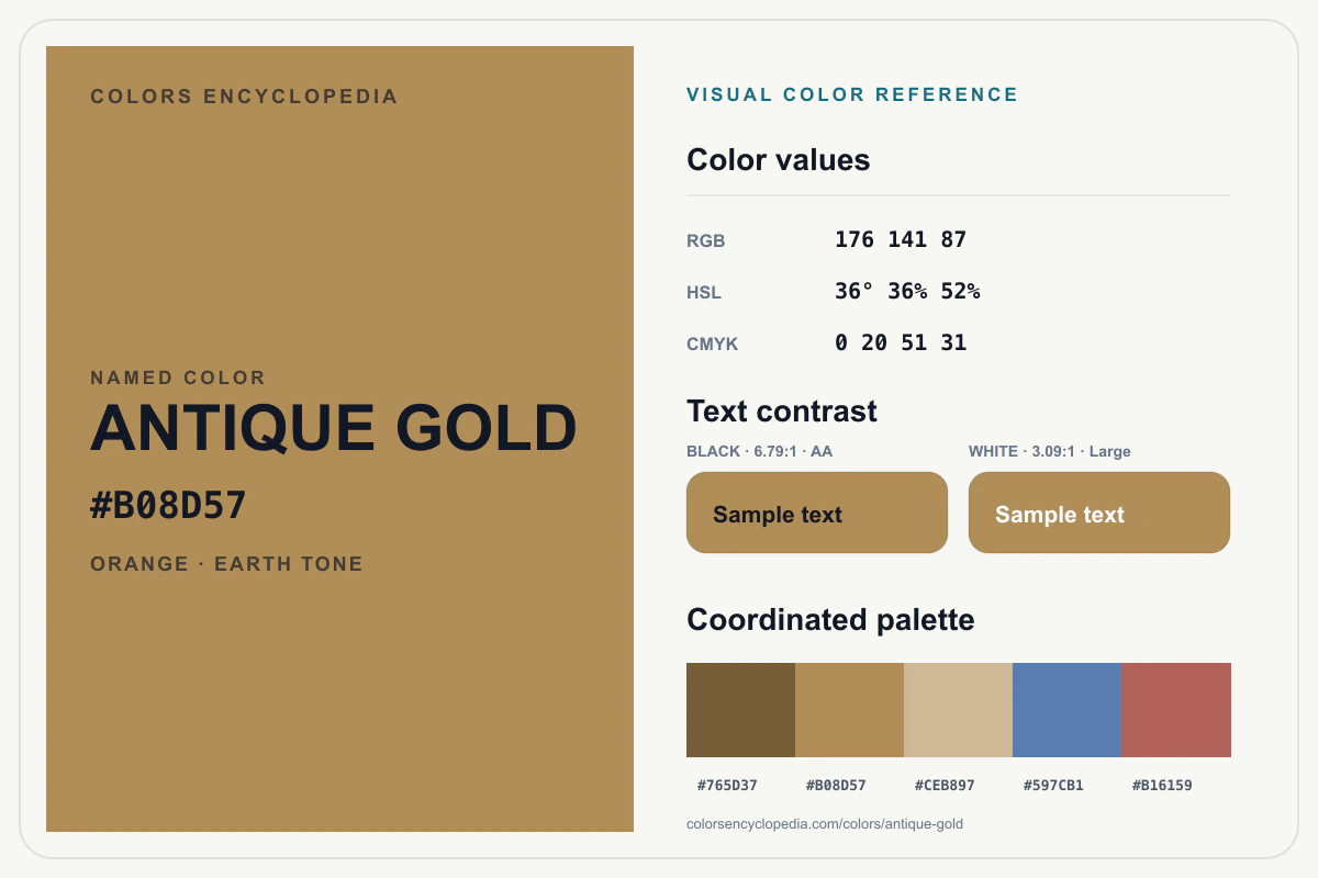 Antique Gold color reference infographic showing #B08D57, RGB and HSL values, a coordinated palette, and black and white text contrast.