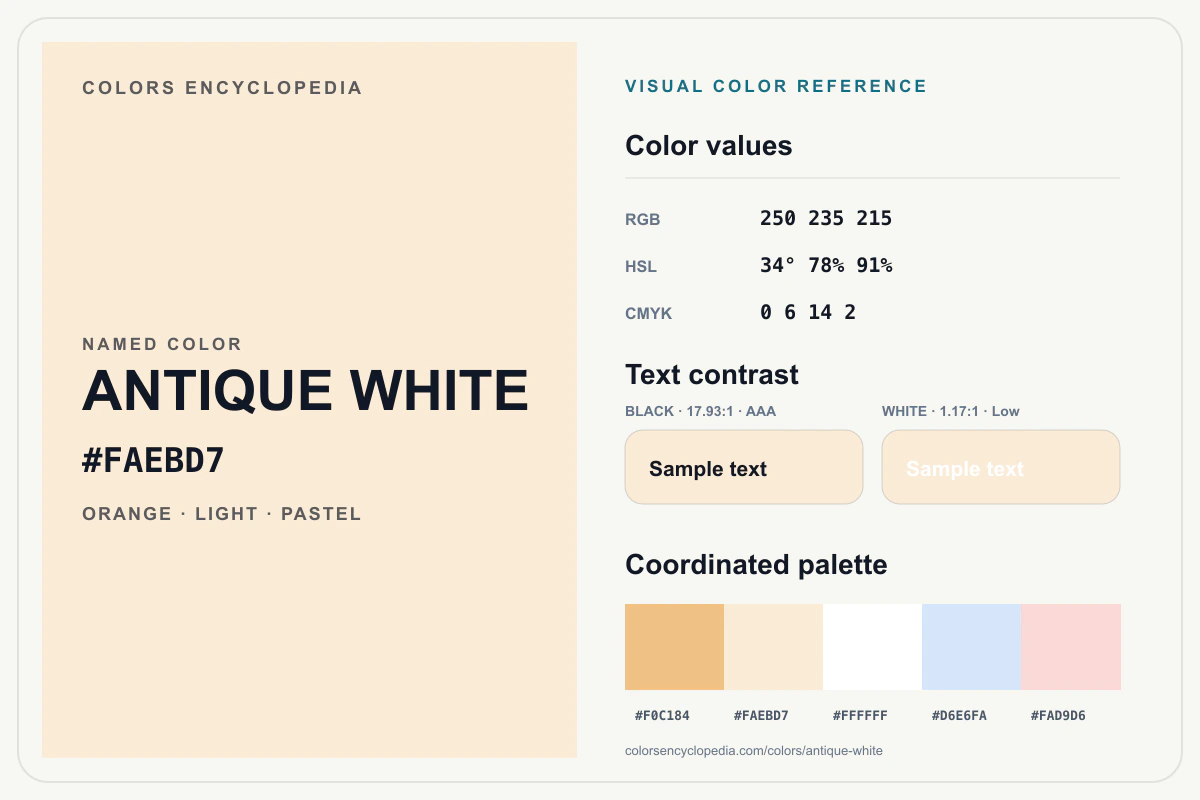 Antique White color reference infographic showing #FAEBD7, RGB and HSL values, a coordinated palette, and black and white text contrast.