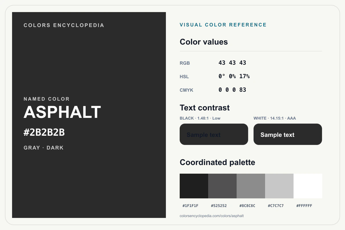 Asphalt color reference infographic showing #2B2B2B, RGB and HSL values, a coordinated palette, and black and white text contrast.