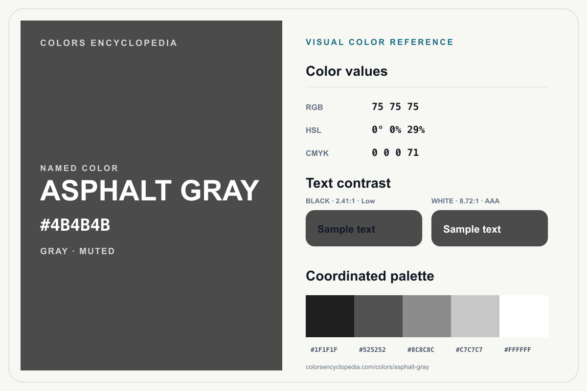 Asphalt Gray color reference infographic showing #4B4B4B, RGB and HSL values, a coordinated palette, and black and white text contrast.