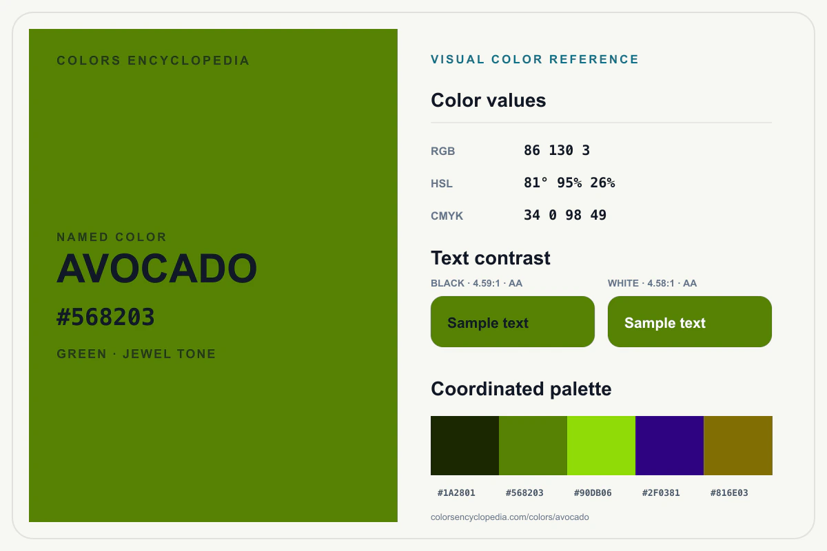 Avocado color reference infographic showing #568203, RGB and HSL values, a coordinated palette, and black and white text contrast.