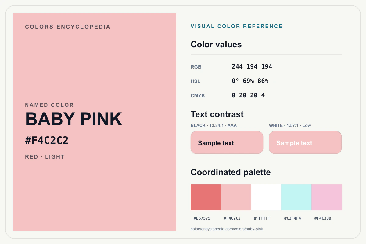 Baby Pink color reference infographic showing #F4C2C2, RGB and HSL values, a coordinated palette, and black and white text contrast.