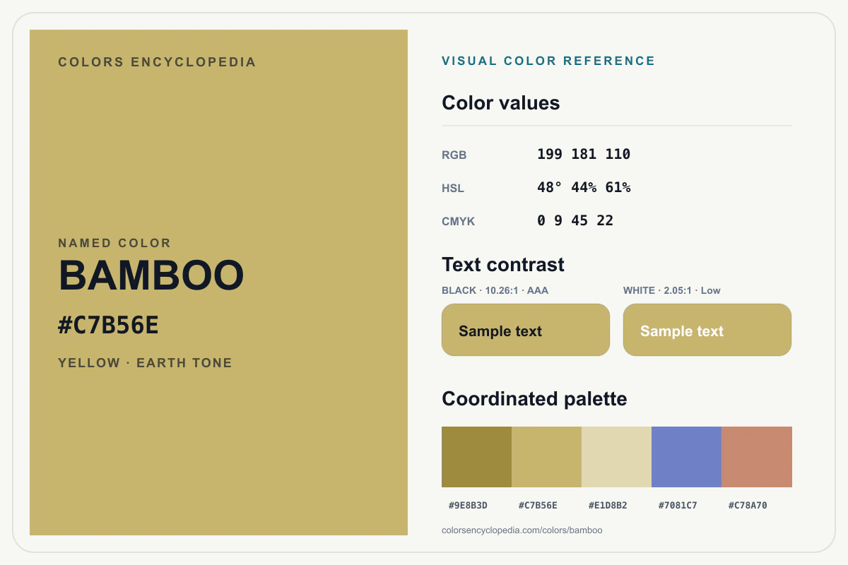 Bamboo color reference infographic showing #C7B56E, RGB and HSL values, a coordinated palette, and black and white text contrast.