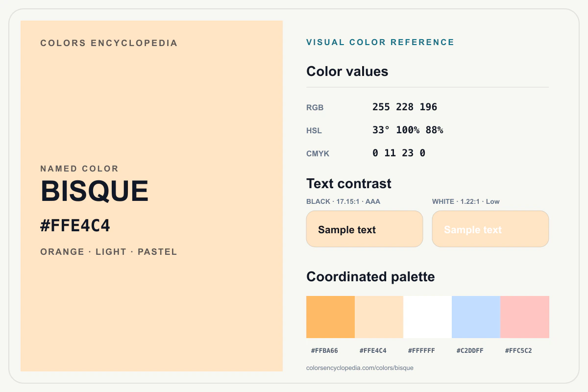 Bisque color reference infographic showing #FFE4C4, RGB and HSL values, a coordinated palette, and black and white text contrast.