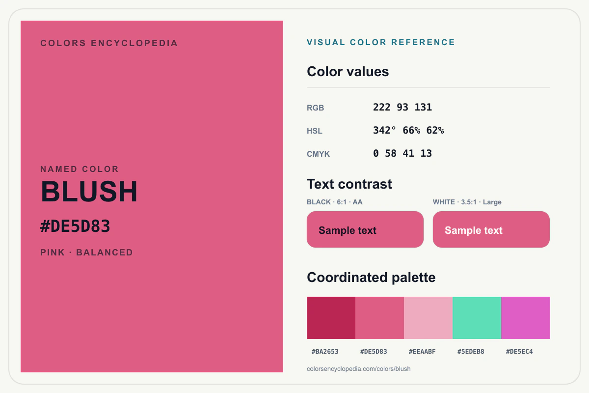 Blush color reference infographic showing #DE5D83, RGB and HSL values, a coordinated palette, and black and white text contrast.
