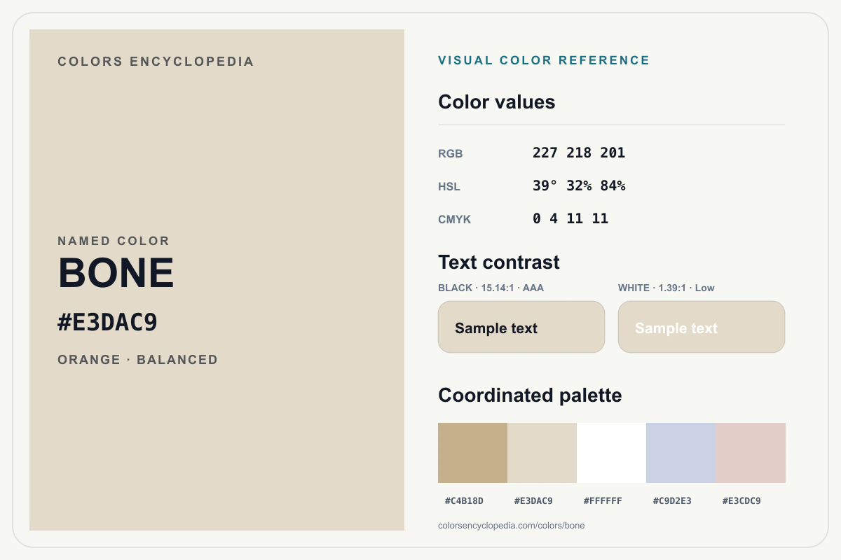 Bone color reference infographic showing #E3DAC9, RGB and HSL values, a coordinated palette, and black and white text contrast.