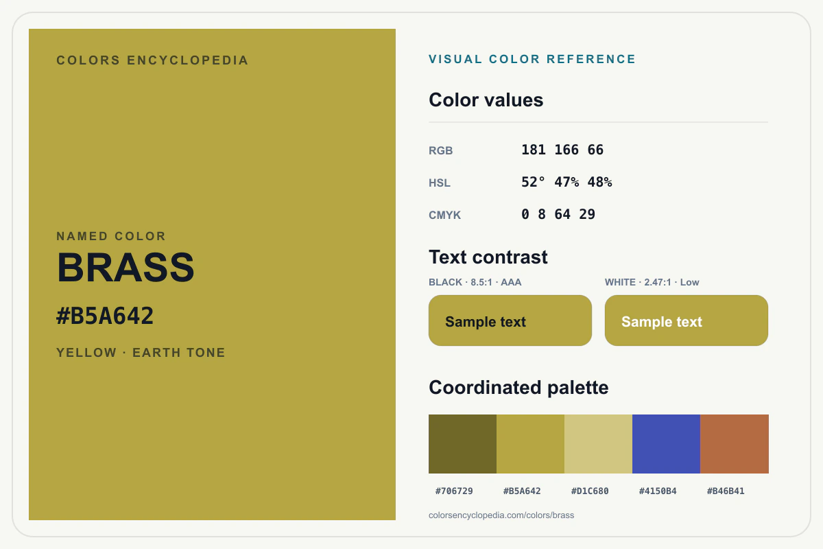 Brass color reference infographic showing #B5A642, RGB and HSL values, a coordinated palette, and black and white text contrast.