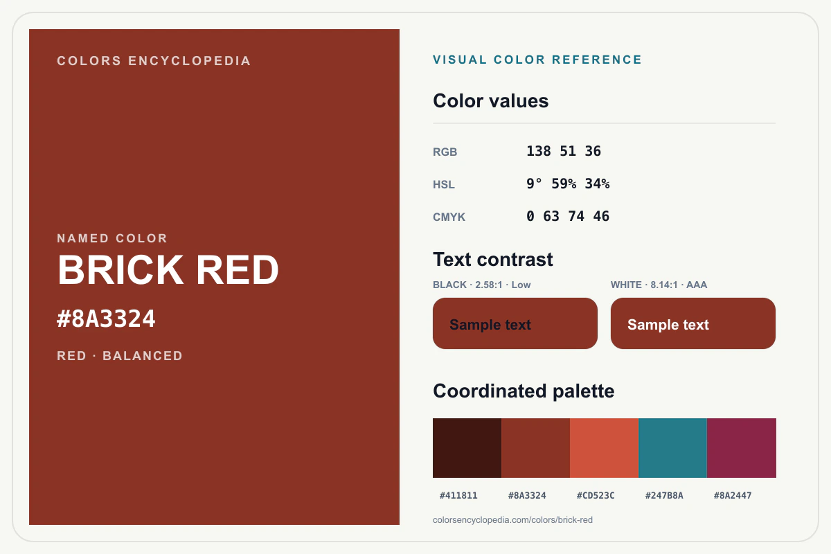 Brick Red color reference infographic showing #8A3324, RGB and HSL values, a coordinated palette, and black and white text contrast.