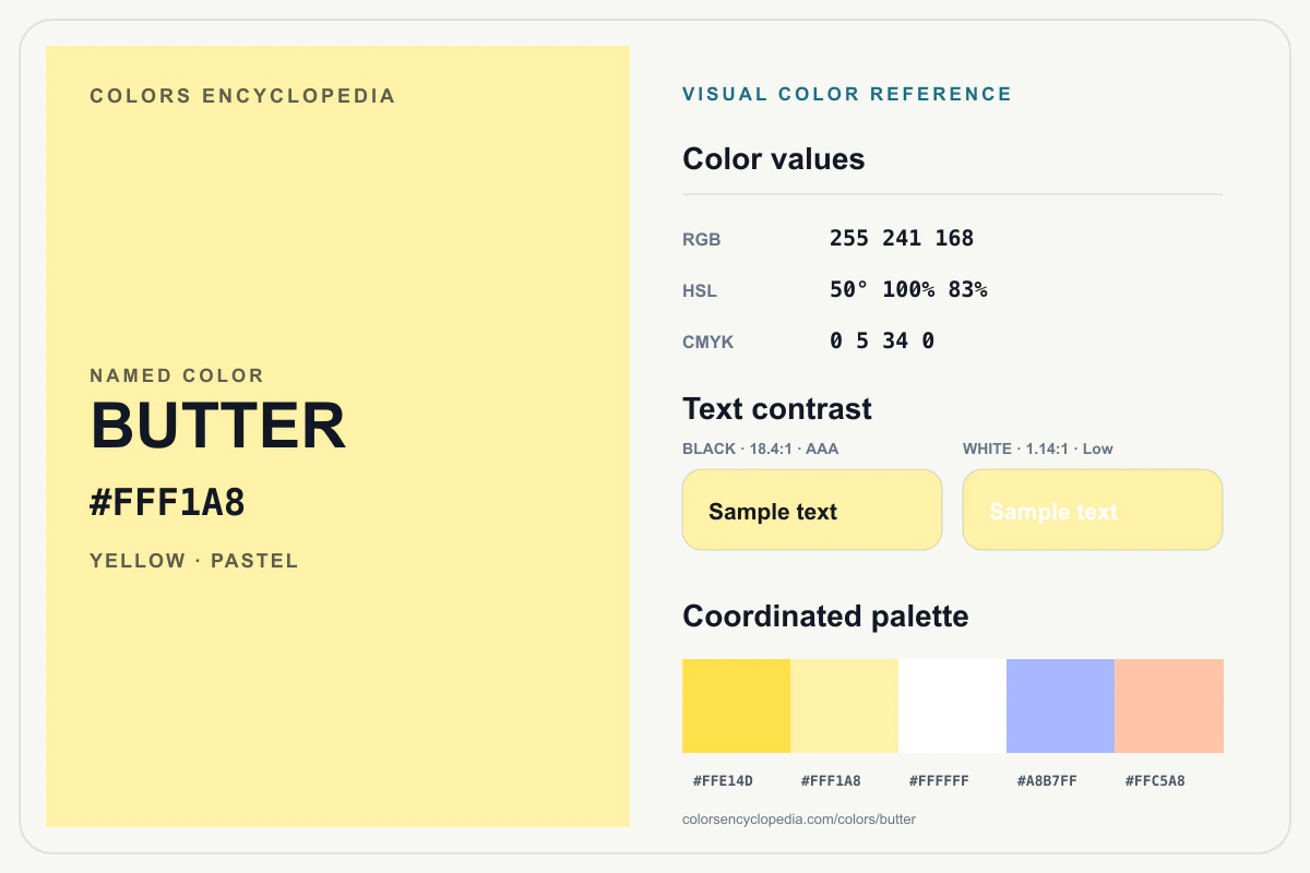 Butter color reference infographic showing #FFF1A8, RGB and HSL values, a coordinated palette, and black and white text contrast.