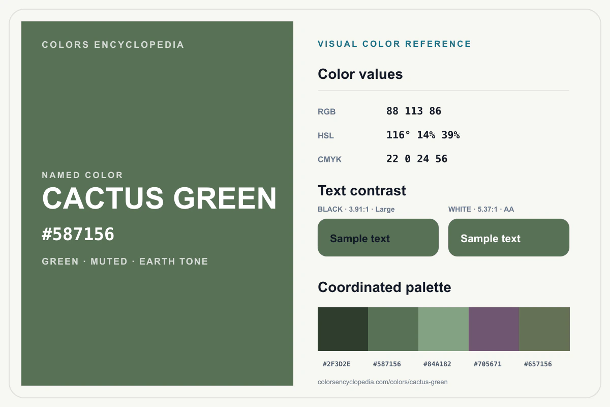 Cactus Green color reference infographic showing #587156, RGB and HSL values, a coordinated palette, and black and white text contrast.