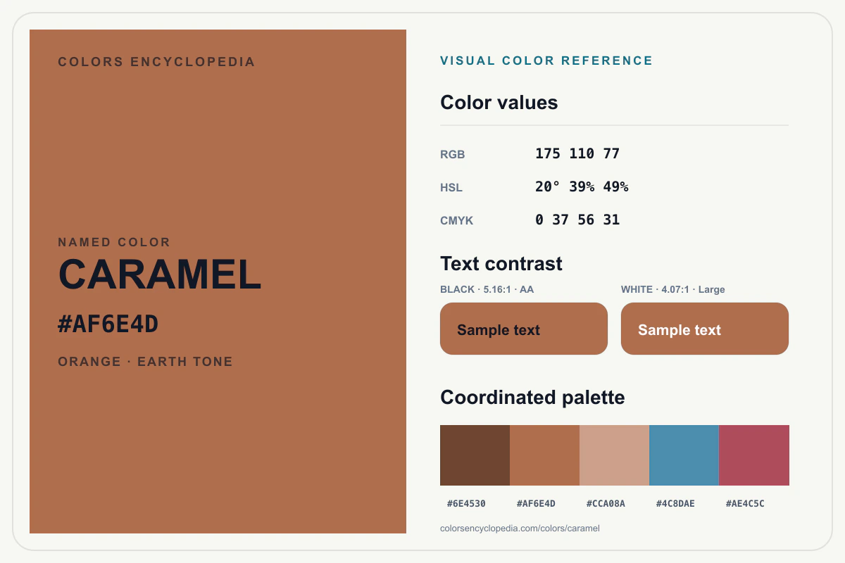 Caramel color reference infographic showing #AF6E4D, RGB and HSL values, a coordinated palette, and black and white text contrast.