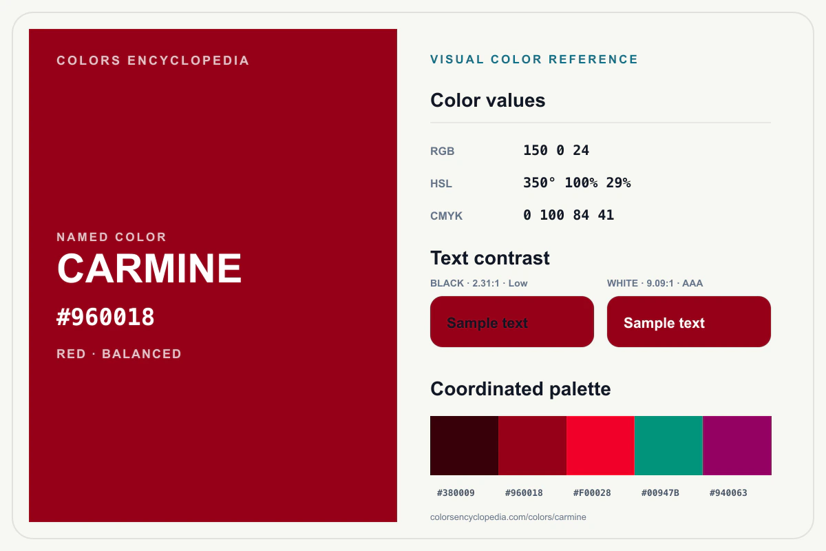 Carmine color reference infographic showing #960018, RGB and HSL values, a coordinated palette, and black and white text contrast.