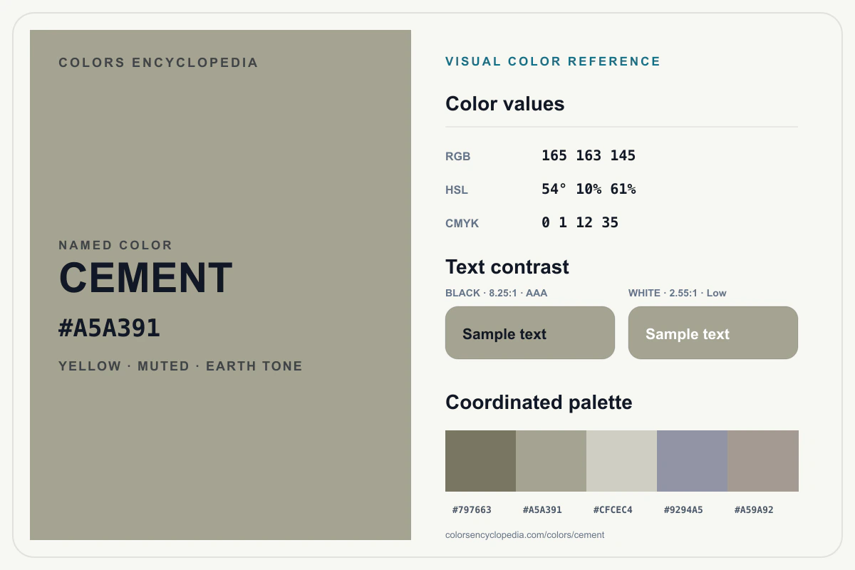 Cement color reference infographic showing #A5A391, RGB and HSL values, a coordinated palette, and black and white text contrast.