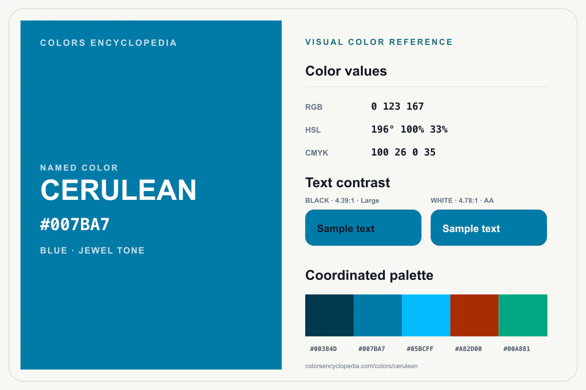 Cerulean color reference infographic showing #007BA7, RGB and HSL values, a coordinated palette, and black and white text contrast.