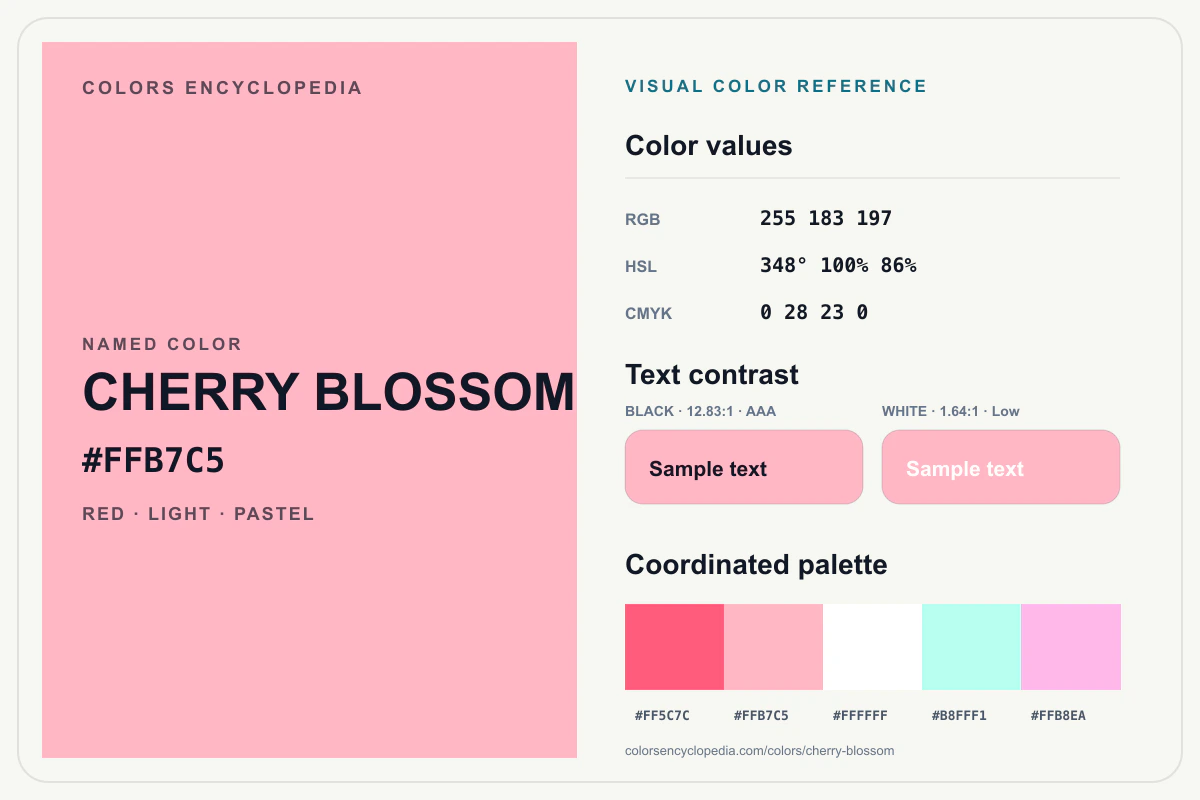 Cherry Blossom color reference infographic showing #FFB7C5, RGB and HSL values, a coordinated palette, and black and white text contrast.