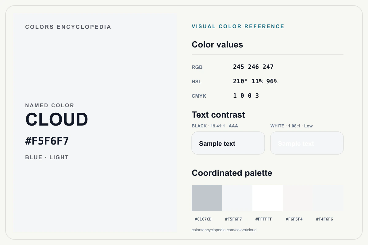 Cloud color reference infographic showing #F5F6F7, RGB and HSL values, a coordinated palette, and black and white text contrast.