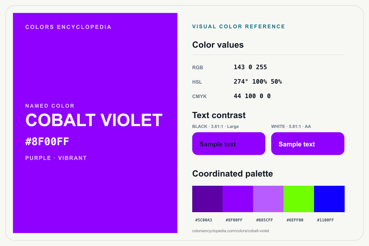 Cobalt Violet color reference infographic showing #8F00FF, RGB and HSL values, a coordinated palette, and black and white text contrast.