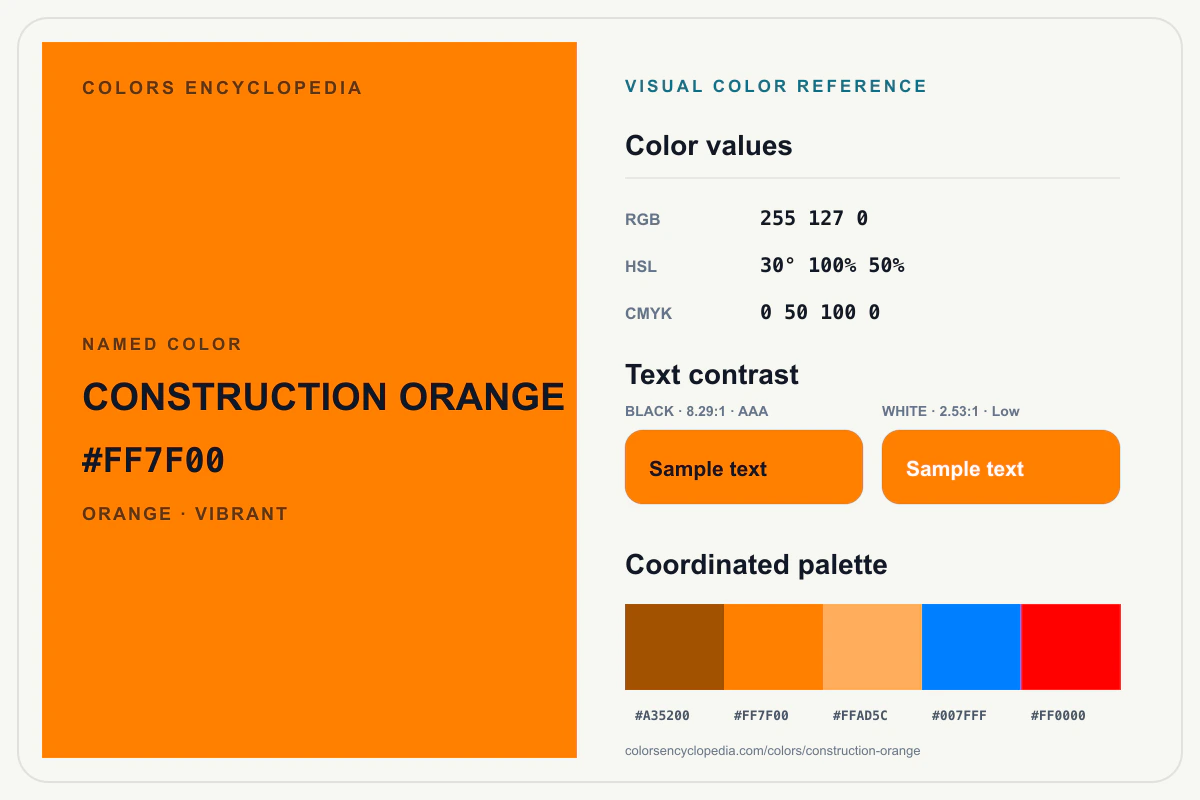 Construction Orange color reference infographic showing #FF7F00, RGB and HSL values, a coordinated palette, and black and white text contrast.