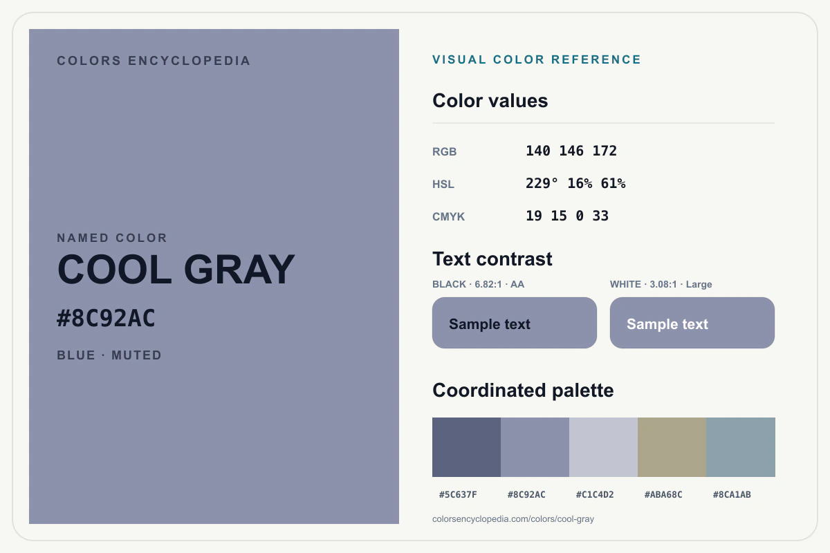 Cool Gray color reference infographic showing #8C92AC, RGB and HSL values, a coordinated palette, and black and white text contrast.