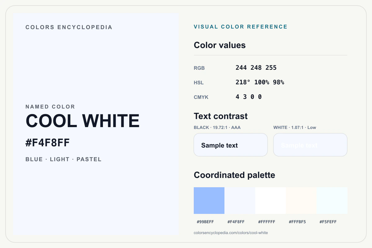Cool White color reference infographic showing #F4F8FF, RGB and HSL values, a coordinated palette, and black and white text contrast.
