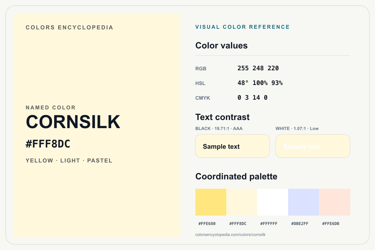Cornsilk color reference infographic showing #FFF8DC, RGB and HSL values, a coordinated palette, and black and white text contrast.