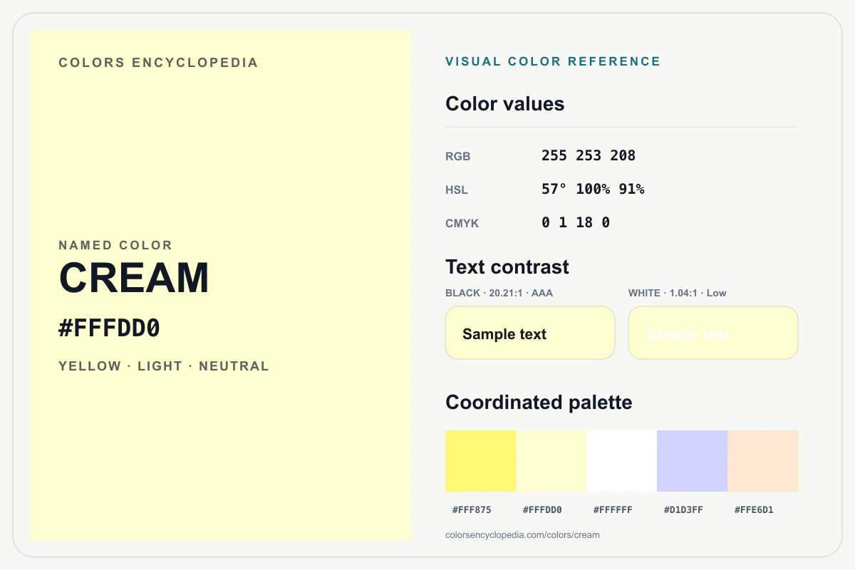 Cream color reference infographic showing #FFFDD0, RGB and HSL values, a coordinated palette, and black and white text contrast.
