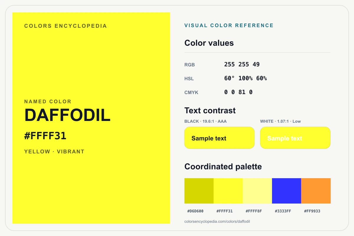 Daffodil color reference infographic showing #FFFF31, RGB and HSL values, a coordinated palette, and black and white text contrast.