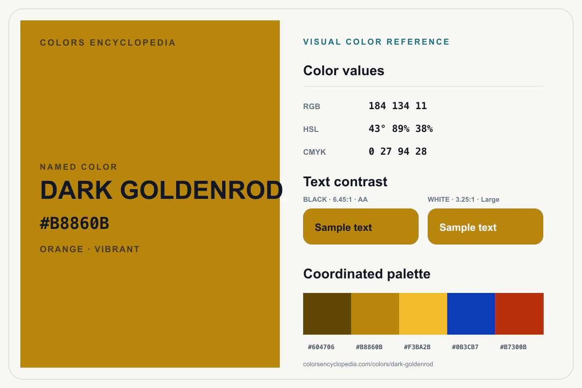 Dark Goldenrod color reference infographic showing #B8860B, RGB and HSL values, a coordinated palette, and black and white text contrast.