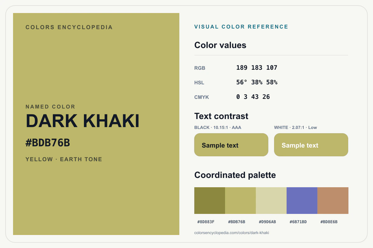 Dark Khaki color reference infographic showing #BDB76B, RGB and HSL values, a coordinated palette, and black and white text contrast.