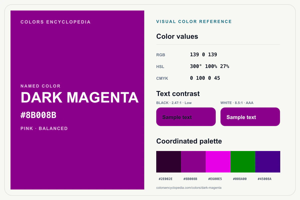 Dark Magenta color reference infographic showing #8B008B, RGB and HSL values, a coordinated palette, and black and white text contrast.