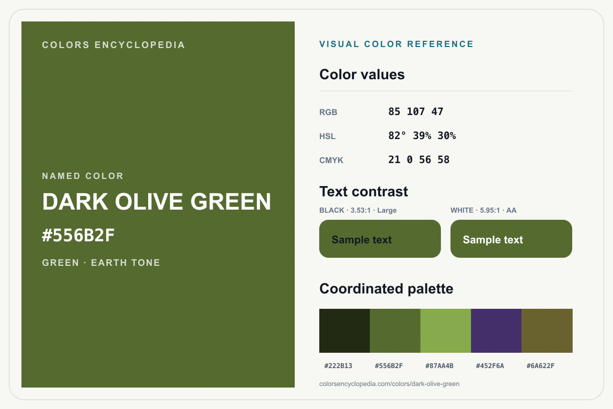 Dark Olive Green color reference infographic showing #556B2F, RGB and HSL values, a coordinated palette, and black and white text contrast.