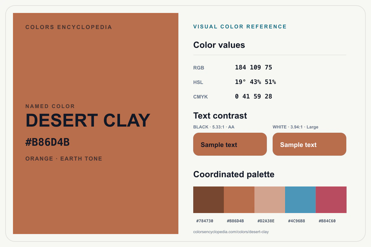 Desert Clay color reference infographic showing #B86D4B, RGB and HSL values, a coordinated palette, and black and white text contrast.