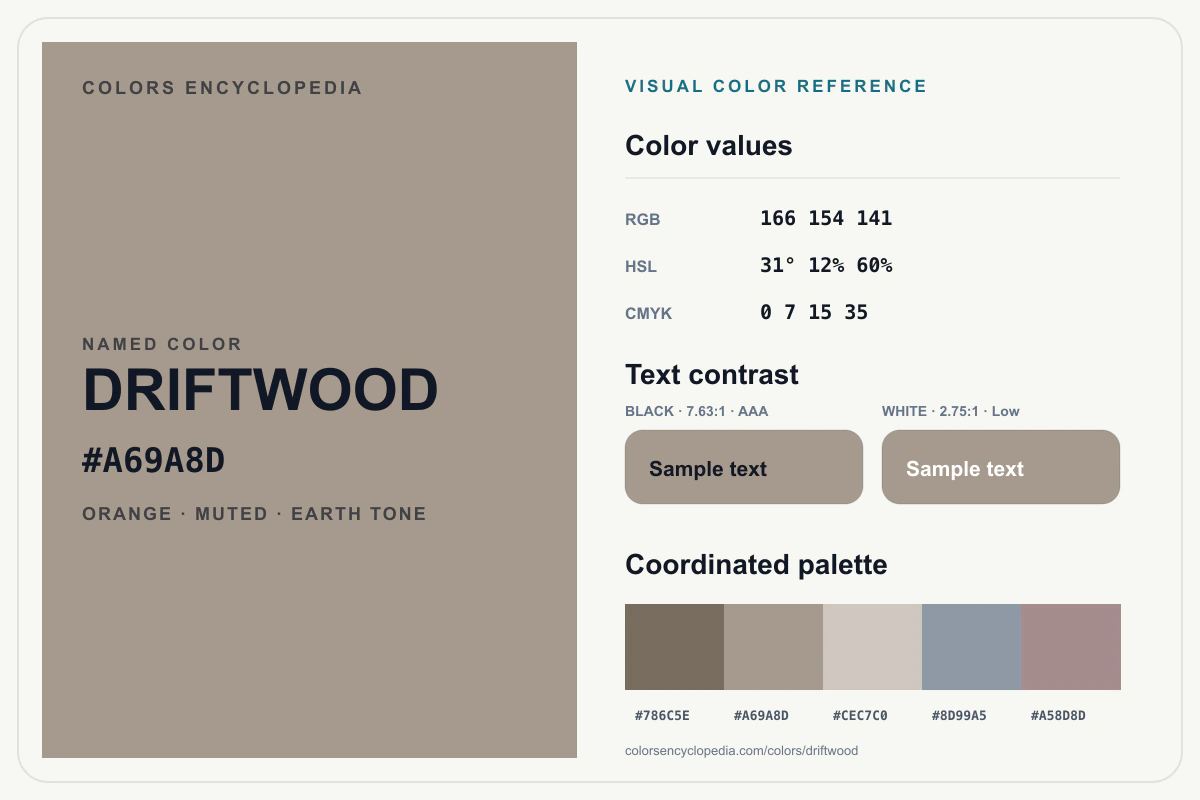 Driftwood color reference infographic showing #A69A8D, RGB and HSL values, a coordinated palette, and black and white text contrast.