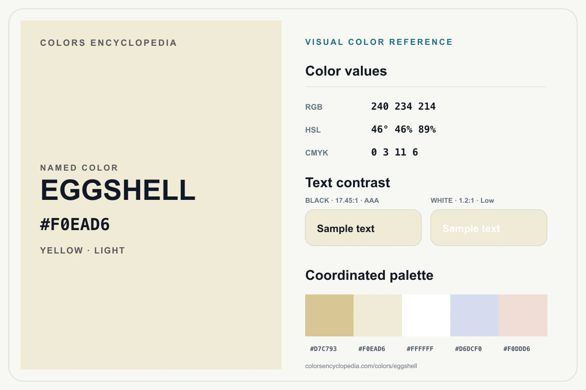 Eggshell color reference infographic showing #F0EAD6, RGB and HSL values, a coordinated palette, and black and white text contrast.