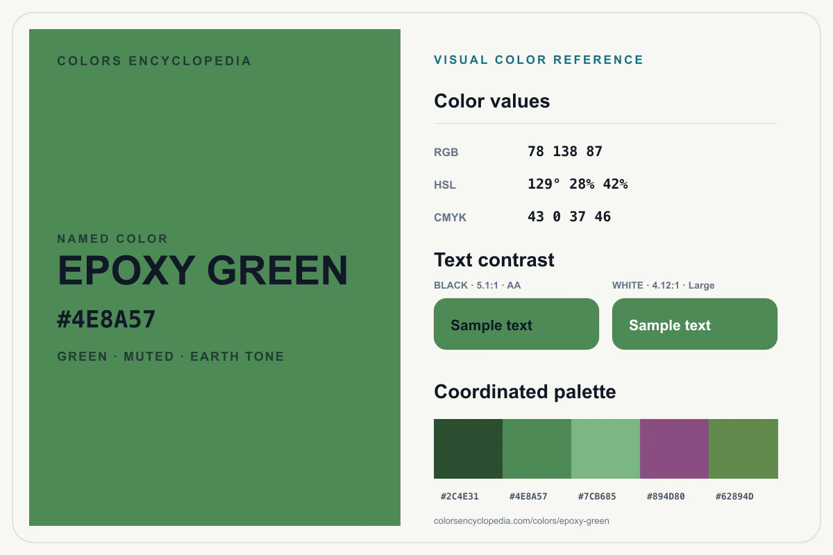 Epoxy Green color reference infographic showing #4E8A57, RGB and HSL values, a coordinated palette, and black and white text contrast.
