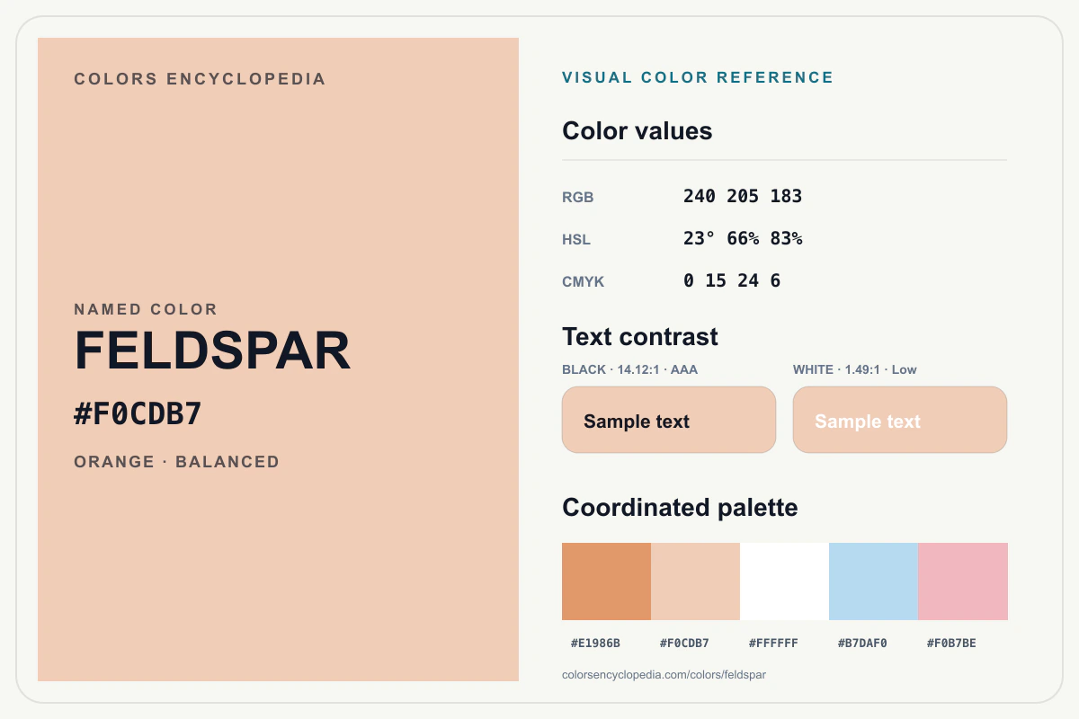 Feldspar color reference infographic showing #F0CDB7, RGB and HSL values, a coordinated palette, and black and white text contrast.