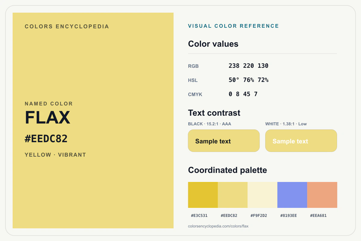 Flax color reference infographic showing #EEDC82, RGB and HSL values, a coordinated palette, and black and white text contrast.