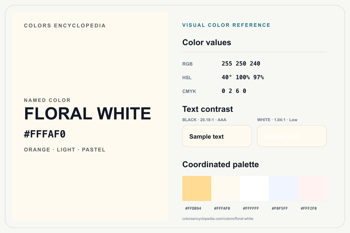 Floral White color reference infographic showing #FFFAF0, RGB and HSL values, a coordinated palette, and black and white text contrast.