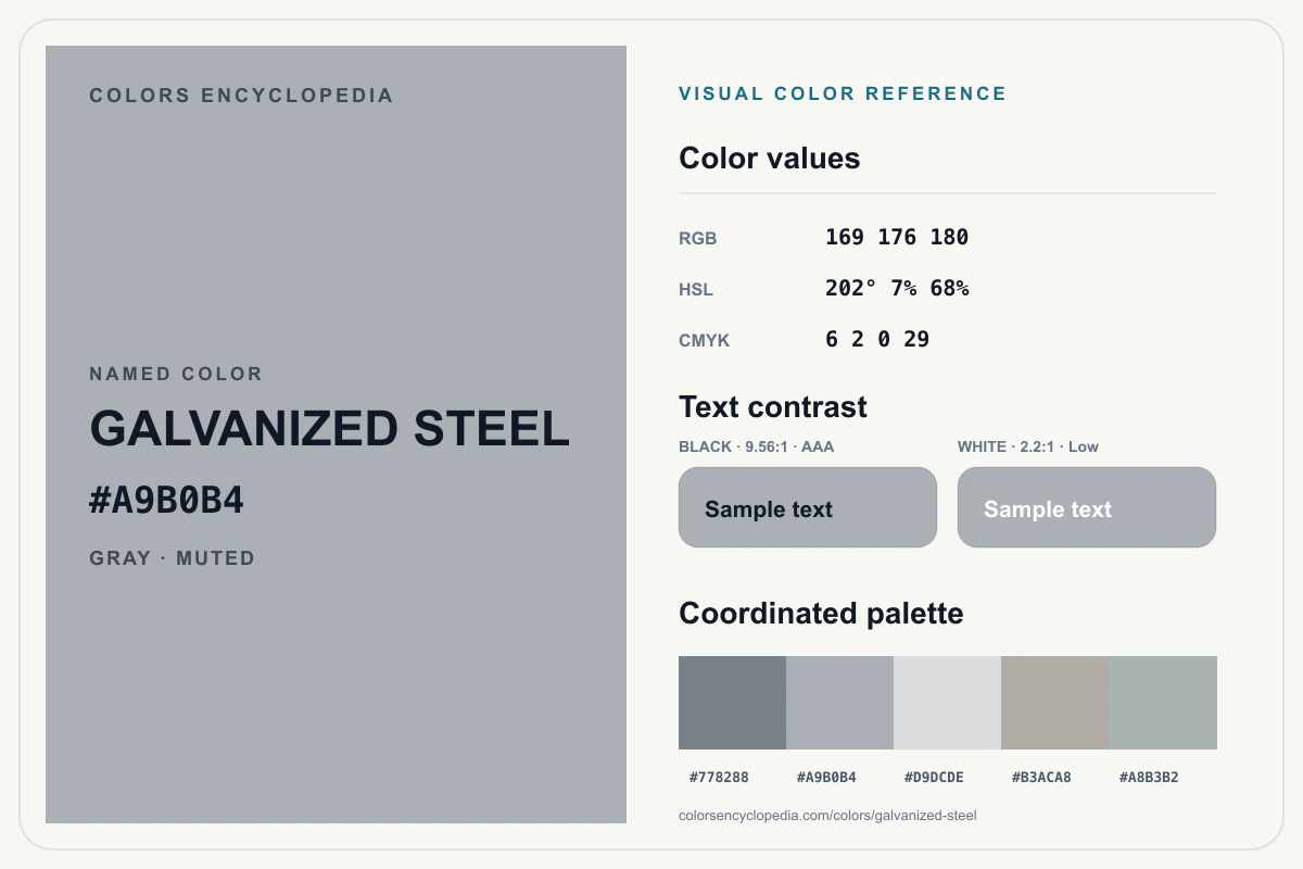 Galvanized Steel color reference infographic showing #A9B0B4, RGB and HSL values, a coordinated palette, and black and white text contrast.