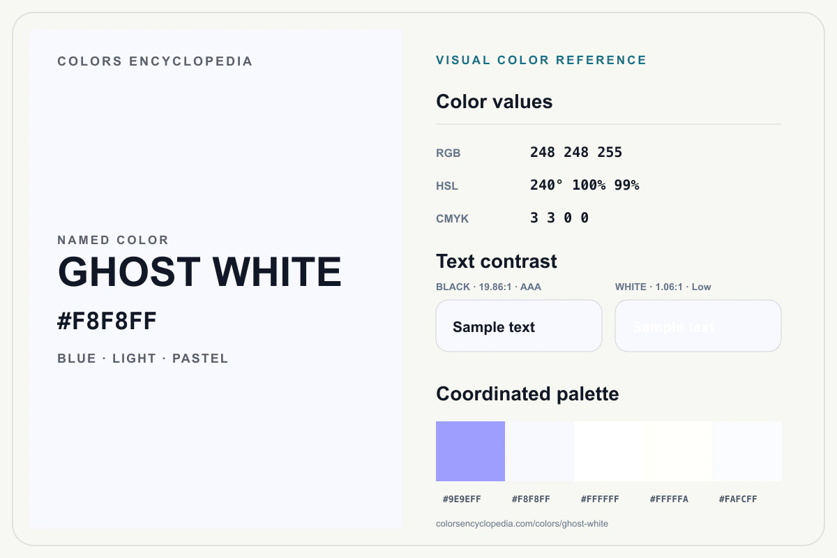 Ghost White color reference infographic showing #F8F8FF, RGB and HSL values, a coordinated palette, and black and white text contrast.