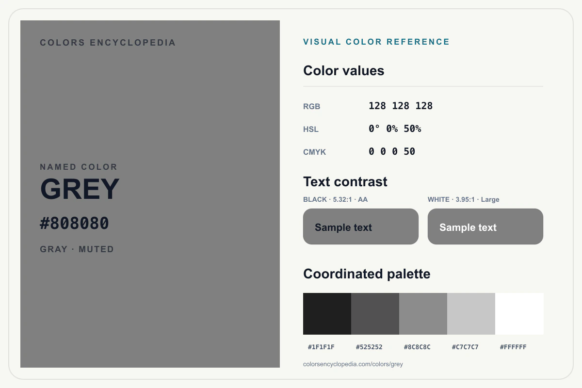 Grey color reference infographic showing #808080, RGB and HSL values, a coordinated palette, and black and white text contrast.